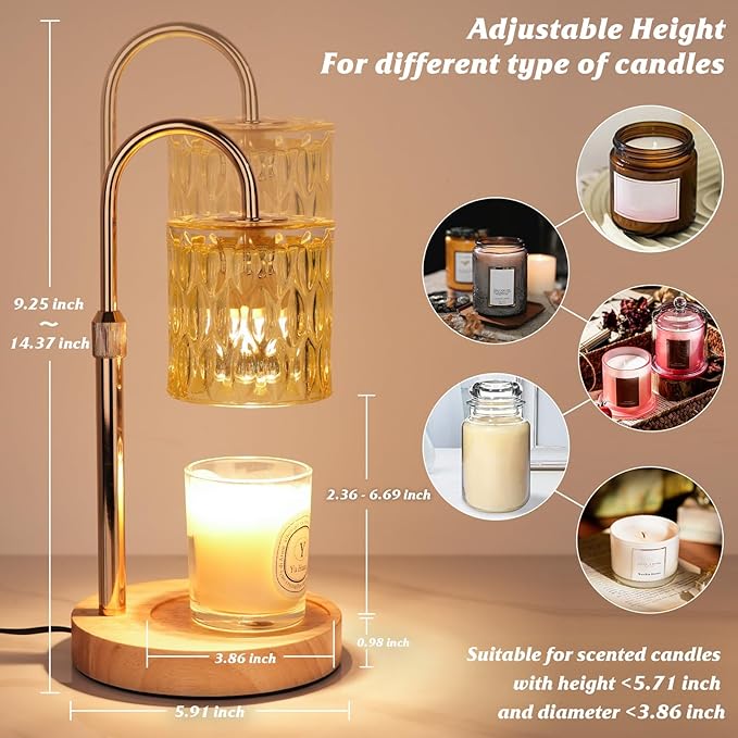 Candle Warmer Lamp with Timer and Dimmer, Height and Brightness Adjustable,Glass Electric Wax Warmer with 2 Bulbs for Women Mom Gifts, Home Decor for Scented Jar Candles (Yellow)
