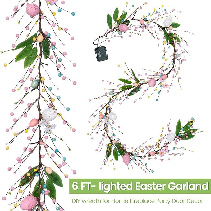 6 FT Pre-Lit Easter Garland with 20 LED Lights & 8 Mode Timer, Mixed Pastel Easter Pip Berry Spring Galand for Mantle Decorations, Lighted Artificial Easter Egg Garland for Fireplace Table Holiday