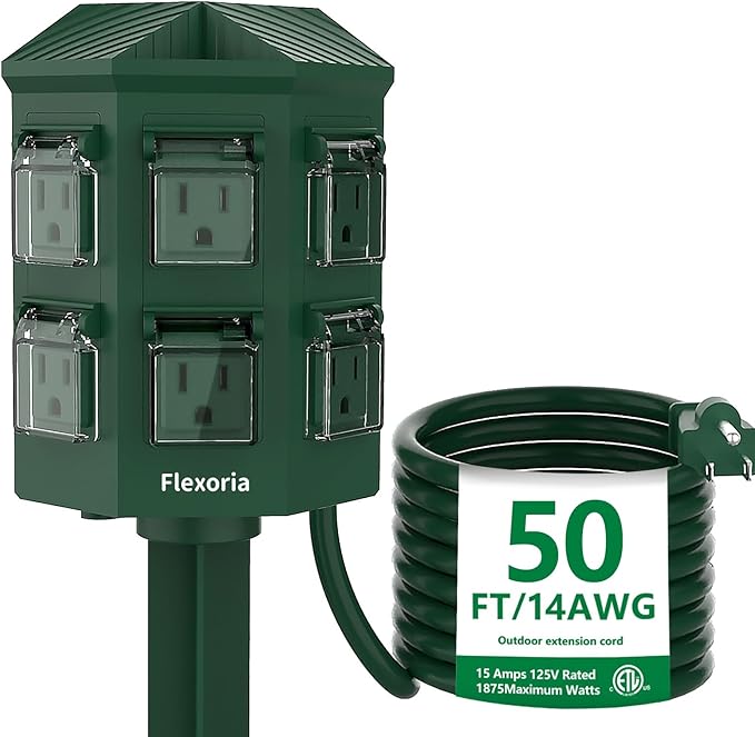 Outdoor Power Strip Waterproof, 50 FT Extension Cord, 6 Grounded Outlets for Halloween/Christmas Decorations and Inflatables, 15A/1875W, ETL Listed