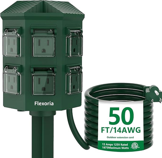 Outdoor Power Strip Waterproof, 50 FT Extension Cord, 6 Grounded Outlets for Halloween/Christmas Decorations and Inflatables, 15A/1875W, ETL Listed