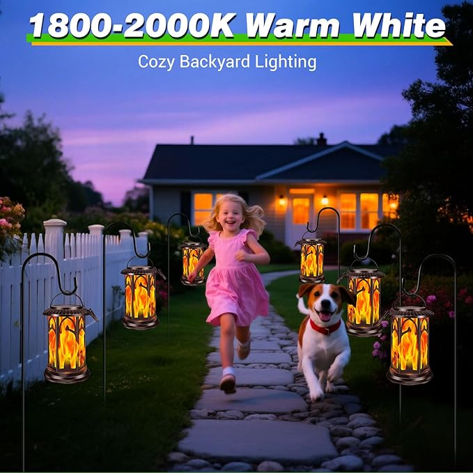 Solar Lanterns Flickering Flame Outdoor Metal Solar Light Waterproof Solar Powerd Led Flame Lights with Battery Compartment Dual Mode for Patio Fence Garden Yard Trees Lawns Decorations(Pack of 2)