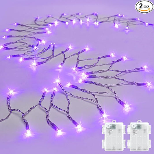 String Lights Outdoor Waterproof 9.8ft 30 LED, Purple Fairy Lights Battery Operated with Timer Clear Wire for Indoor & Outdoor Christmas Halloween Decorations Garland Party Garden 2 Packs