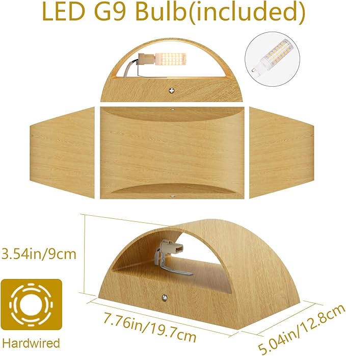 Aipsun Aluminum Modern LED Wall Sconce Hardwired Interior Wall Lights Set of 2 Wood Texture Up and Down Wall Mount Light for Living Room Bedroom Hallway Corridor Warm White 3000K(with G9 Bulbs)