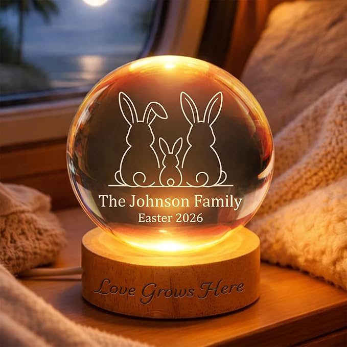 Personalized Easter Family Bunny Crystal Ball LED Night Light, Custom Family Name Glass Globe Lamp with Year, Engraved Rabbit Silhouette Keepsake Gift for Spring Home Decor