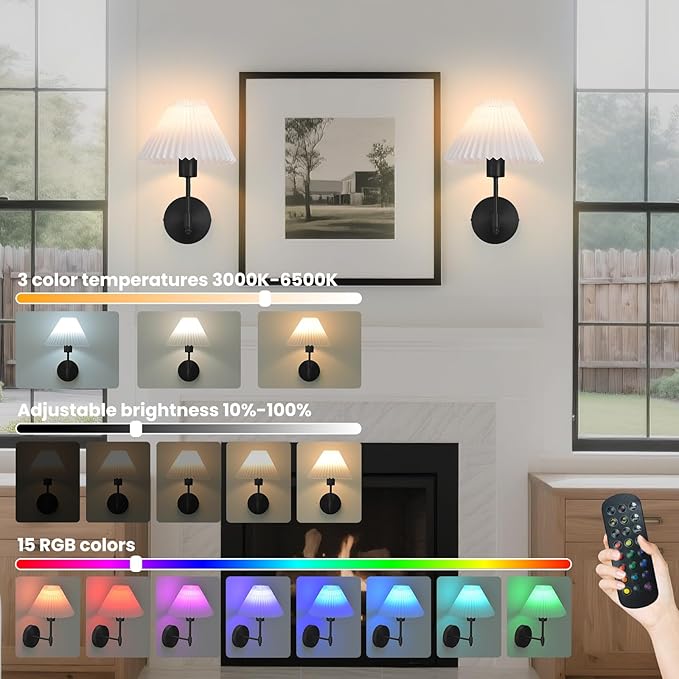 Battery Operated Wall Sconces Set of 2,Black Rechargeable Wall Lights with Remote,Dimmable Wall Lamp with Pleated Shades,15 Colors Wireless Bathroom Vanity Wall Light for Bedroom Living Room Hallway