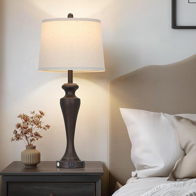 30 Inch Dark Brown Table Lamp Single, 3-Way Touch Control Bedside Lamp with USB A+C Ports and AC Outlet, Tall Living Room Lamps for End Table, Elegant Coffee Bedroom Lamps for Night stand, Coffee