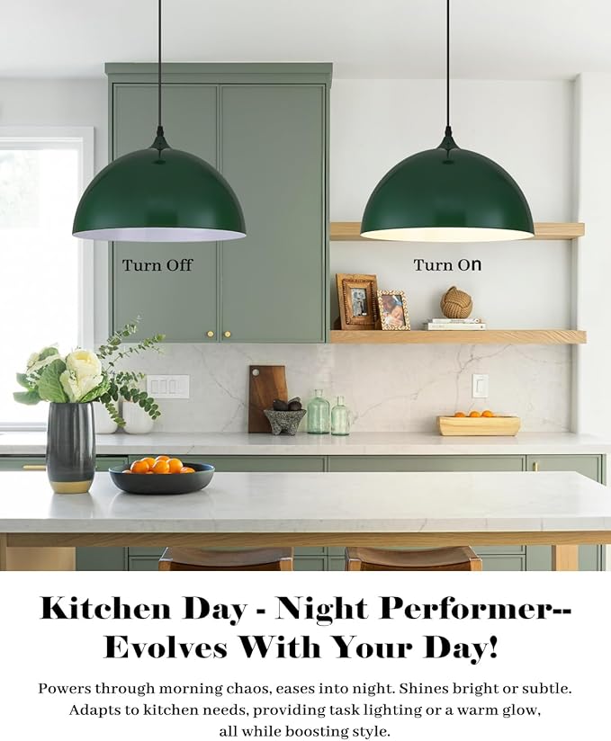 Green Pendant Lights Kitchen Island 2 Pack, 14 Inch Large Dome Pendant Light, Green Farmhouse Pendant Light, Island Pendant Lights for Kitchen, Dining Room