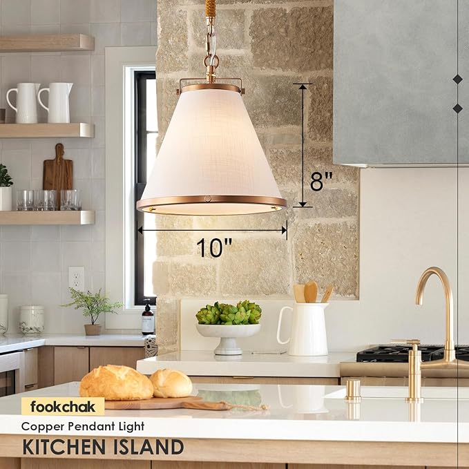 3-Pack Vintage Brass Kitchen Pendant Lighting Over Island White Linen Pendant Light 10in Copper Pendant Lighting with Hemp Rope Rod Entryway Ceiling Hanging Light for Dining Room