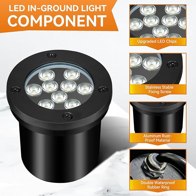 9W Landscape Light, Outdoor 120V In-Ground Lights IP68 Waterproof 5500k Warm White Outdoor Well Lights for Yard Pathway Driveway Deck, 8 Pack