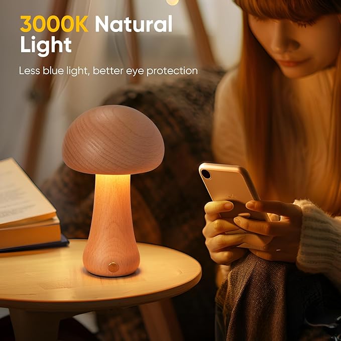 Small Wood Mushroom Lamp, LED Cordless Bedside Touch, Portable Dimmable Battery Mushroom Lamp for Bedroom Nightstand