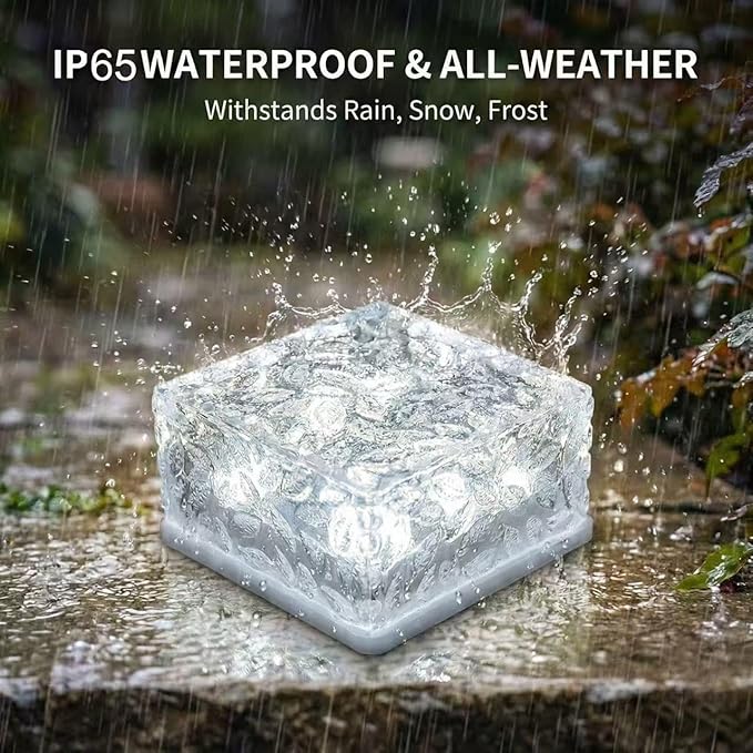 Solar Brick Lights Outdoor Waterproof - Recessed Solar Paver Lights, Ice Brick Design, No Wiring Needed,Landscape Lighting for Pathway,Garden, Patio, Yard, Driveway Decor (8, White, Square)