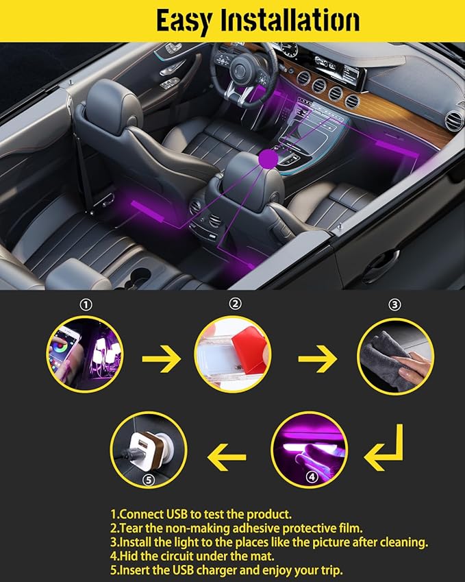 Car LED Interior Lights，RGB Decorative Mood Lighting for Car Foot Ambient Lighting ，APP Control Music Sound-Activated Car LED Strip Light Accessories，USB Decoration Atmosphere Lights