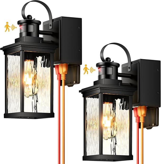 Black Outdoor Porch Light with GFCI Outlet, 2-Pack Modern Motion Sensor Exterior Garage Lighting Fixtures Wall Mount Lantern, Anti-Rust Waterproof Outdoor Sconce Lights for House, Coach, Patio