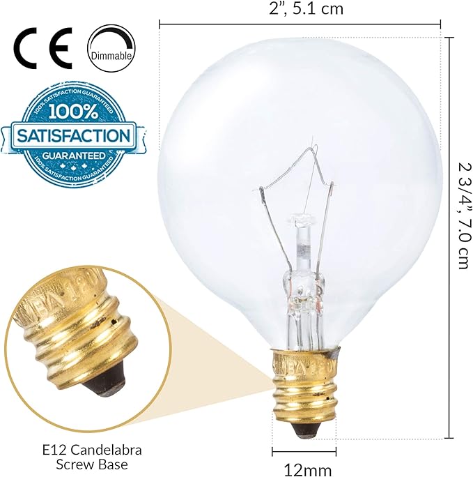 Simba Lighting Aromatic Wax Warmer Small Globe G16.5 Round Bulb 25W E12 Candelabra Base (6 Pack) for Chandelier, Ceiling Fan, Decorative Vanity Lights, Sconce, Clear Glass, 110V 120V, 2700K Warm White