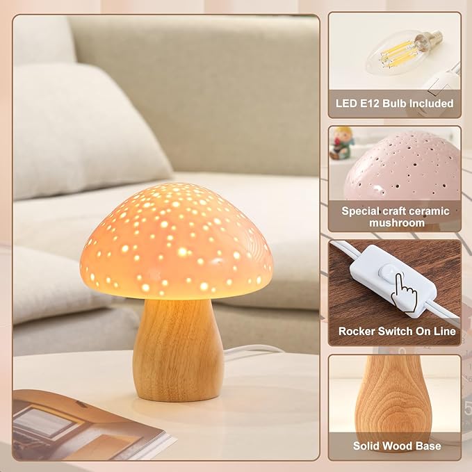 BOHON Mushroom Lamp, Ceramic Bedside Table Lamp for Bedroom Nightstand, Vintage Cute Night Light, Small Lamp for Living Room Kids Desk Home Decor Girls, LED Bulb Included, Pink