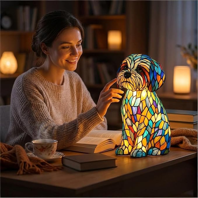 Rainbow Puppy Lamp Stained Glass Dog Night Light 3D Retro Stained Resin Rainbow Pup Lights Charge Powered Table Lamp Puppy Glow Lamps for Home Bedroom Desk (Dog-A)