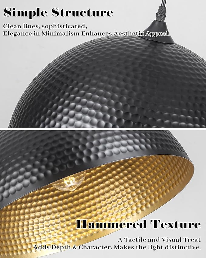 16 inch Black and Gold Pendant Light 2 Pack, Hammered Large Industrial Pendant Lights Kitchen Island, Black Dome Pendant Light for Kitchen Island, Dining Room, Bar