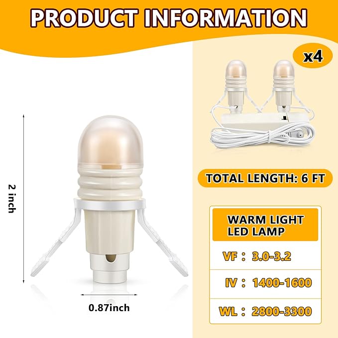 Roowest 4 Pack Accessory Cord with 2 LED Light Bulbs 6 Ft Warm Light Accessories for Halloween Christmas Village House Decorations Indoor DIY Crafts Salt Lamp Pumpkin Lights Decors