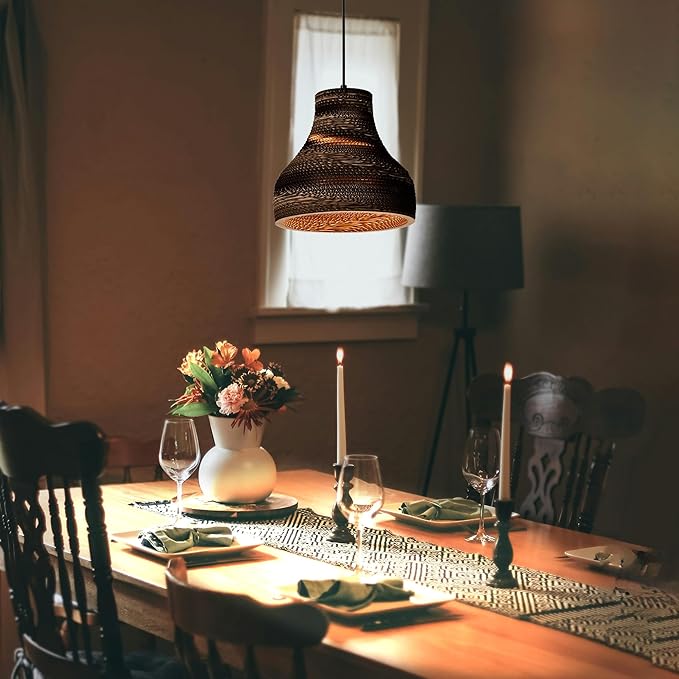 Edvivi Pendant Light with Nordic Style Funnel Paper Shade, 1-Light 11.75 in. Dia Natural Brown Cardboard Chandelier, Adjustable Hanging Light Fixture for Dining Table, No Bulbs Included
