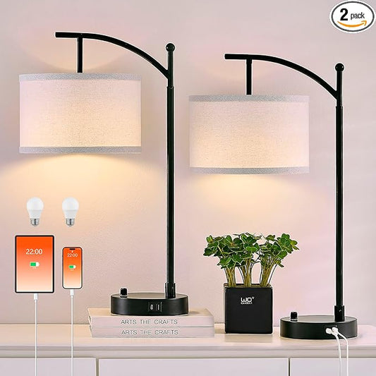 Table Lamp for Living Room Bedroom, 23.5" Table Lamps Set of 2 with USB C+A Ports, Bedside Lamps for Nightstand with Linen Lamp Shades, 2 Dimmable LED Bulbs Included, Black
