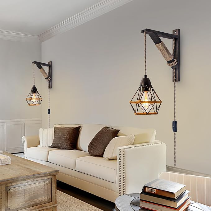 SEEBLEN Plug in Wall Light Sconce Set of 2,Farmhouse Wall Lamp with Plug in Cord On/Off Switch,Industrial Lamp with Metal Cage for Bedroom Headboard Living Room.