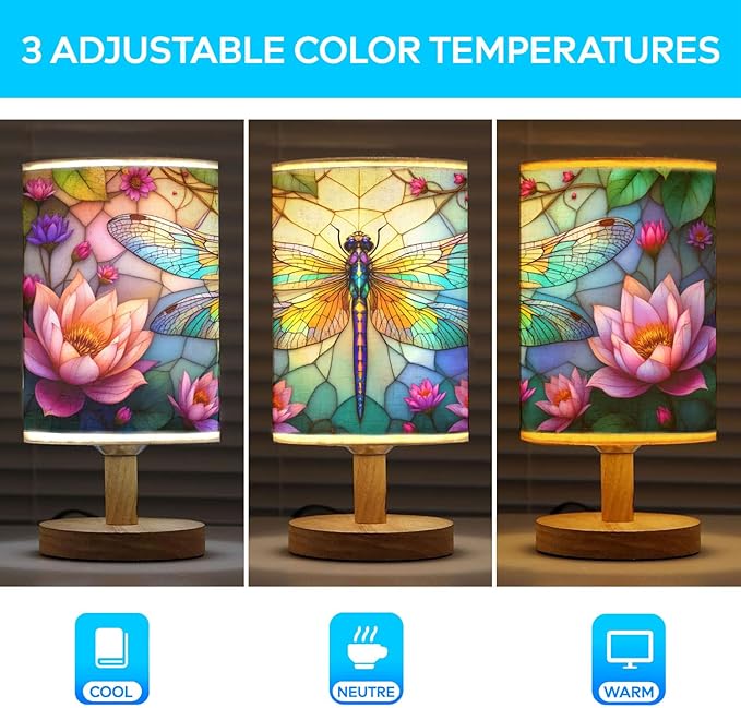 Dragonfly Table Lamp LED 3-Color Pressed Bedside, Dragonfly Shade Lamp with Wood Base for Bedroom Living Room Desk Office TL01