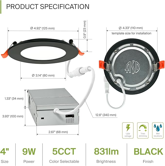 ASD 6 Pack LED Recessed Lighting 4 Inch 9W, 5 CCT 2700K-5000K CRI90+, IC Rated Ultra Thin Dimmable Ceiling Lights with J Box, Canless Wafer Downlight, Round Slim Panel Light, Energy Star ETL, Black