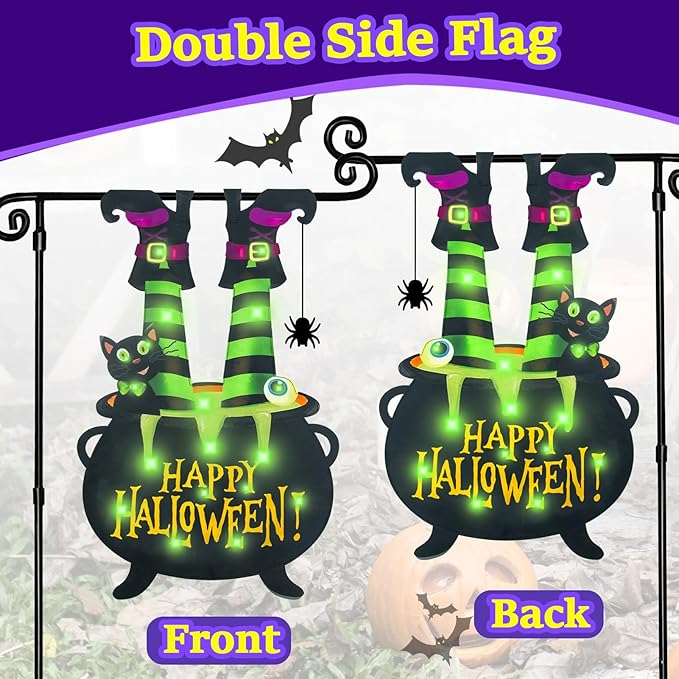Halloween Lighted Garden Flag for Outside, Led Solar Yard Flag 8 Modes Witch Feet Shape Flag, 28x43 Double Sided Cauldron Eyeball Black Cat Decorations for Home Porch