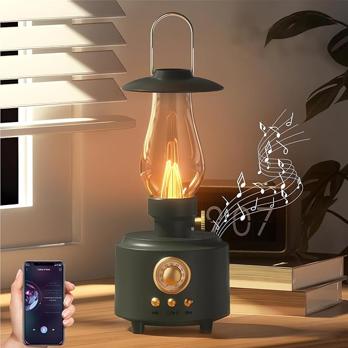 AVEKI Vintage Kerosene Table Lamp with Bluetooth Speaker, Infinitely Dimmable Rechargeable LED Lights for Bedroom, IPX4 Waterproof Bedside Lamps for Camping Party Holiday Home Decor Gift (Green)