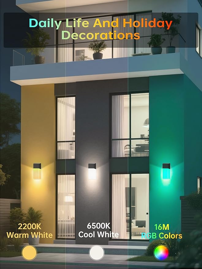 Outdoor Wall Lights, 1500LM RGBCW Smart LED Porch Lamp Sconces, IP65 Waterproof Exterior Lighting Fixtures, Modern Decor for Garage, House, Patio, Garden, Yard, Party
