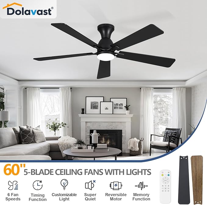 Ceiling Fans with Lights, 60 Inch Low Profile Ceiling Fan with Light and Remote Control, Flush Mount, Reversible, 3CCT, Dimmable LED, Quiet, Black Ceiling Fan for Bedroom, Living Room