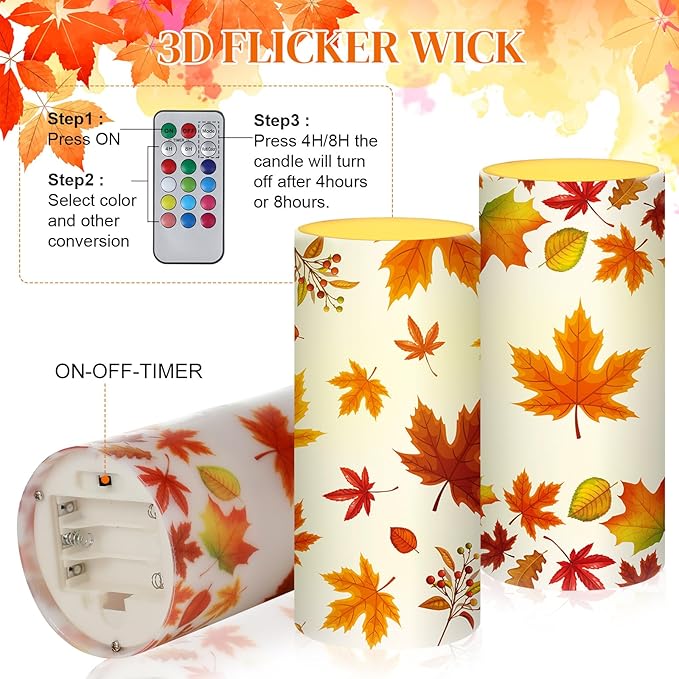 Tiamon Maple Leaf Flameless Candles Led Leaves Candles Battery Operated Yellow Flickering Candles with 18-Key Remote Timer Pillar for Garden Flower Plants Party Table Decorations