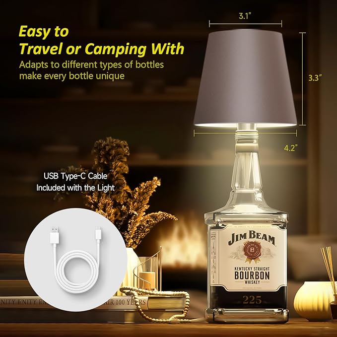 2025 New Wireless Bottle Lamp - LED Bottle Lights for Liquor & Wine Bottles, Cordless Lampshade, Whiskey Bottle Top Light, Bottle Stopper Night Light Kit, Rechargeable 3-Tone Touch-Dimmable