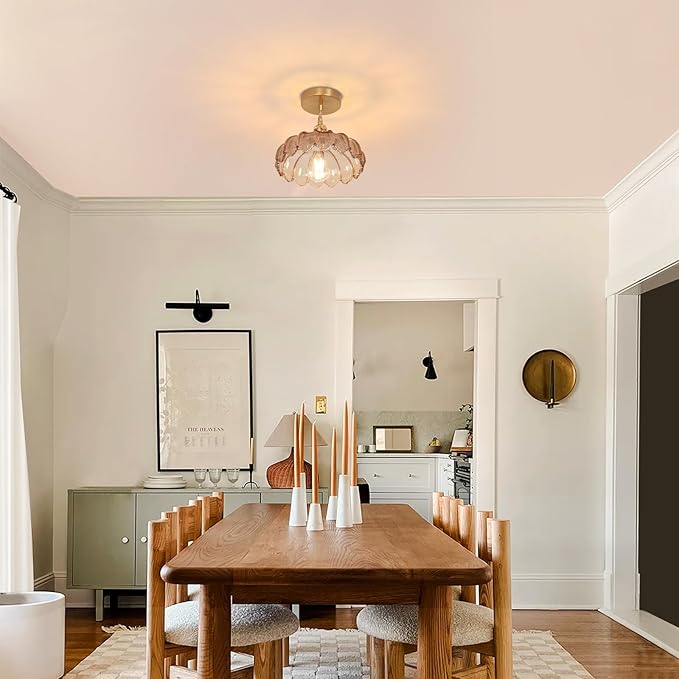 Pendant Light with Amber Scindapsus Glass Lmapshade, Brass Vintage Pendant Light Adjustable Hanging Light for Kitchen Island Dining Room Hallway