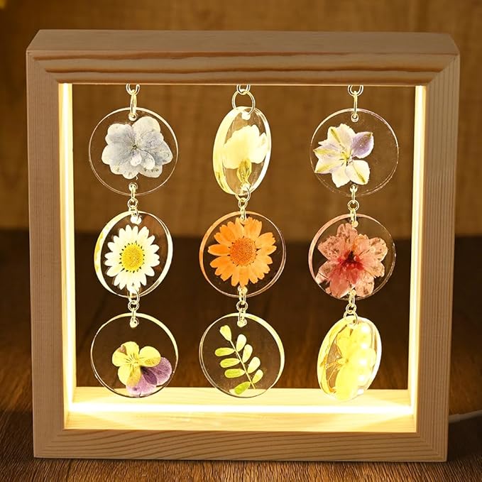 SMUK Dried Flower LED Table Lamp, Handmade Aesthetic 3 Way Dimmable Decorative Pressed Flower Desk Lamp with Wood Frame for Bedroom, Living Room, Office, Desk, Table Unique Bedside Lamps