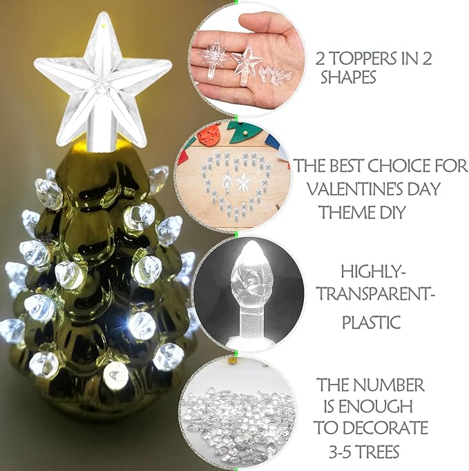 Clear White Replacement Lights Bulbs for Ceramic Christmas Tree, Mini Flame Light Ornaments for Ceramic Tree, Small Twist Pegs Accessories for Crafts, 2 Stars Treetopper＆177 Bulbs Set