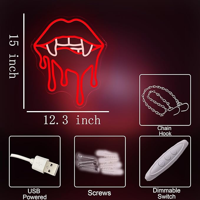 Vampire Fangs Neon Sign, Red Lips LED Light for Halloween Wall Decor, Horror Gothic Neon Sign for Bedroom, Bar, Vampire Theme Party Decorations
