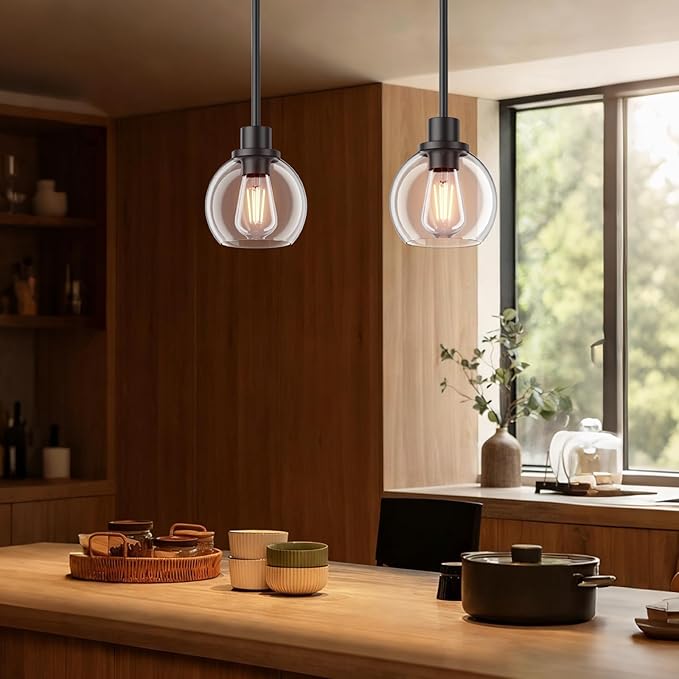 Ralbay Black Pendant Light Kitchen Island Industrial Pendant Light Fixtures with Globe Clear Glass Shade, Farmhouse Dining Room Hanging Lighting Fixture for Kitchen Island, Matte Black 2-Pack