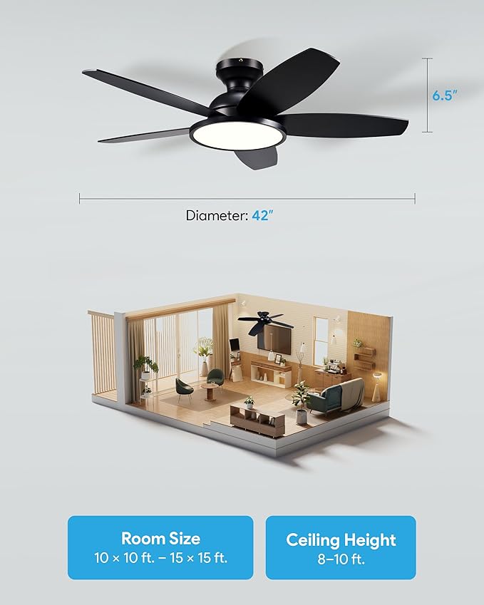 VONLUCE Ceiling Fans with Lights, 42 Inch Ceiling Fan and Remote, Full-spectrum LED Light, 3CCT, 6-Speeds Noiseless Reversible DC Motor, Modern Flush Mount Ceiling Fan for Farmhouse Bedroom Indoor