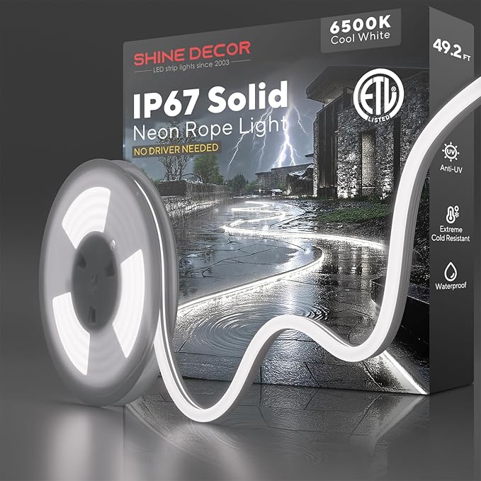 Shine Decor Outdoor Neon Rope Light IP67 Waterproof, ETL Listed Plug&Play 120V Driverless Flexible Solid Silicone LED Neon Lighting, -40 F Cold Resistant Durable for Pathway, 10ft 6500K Cool White