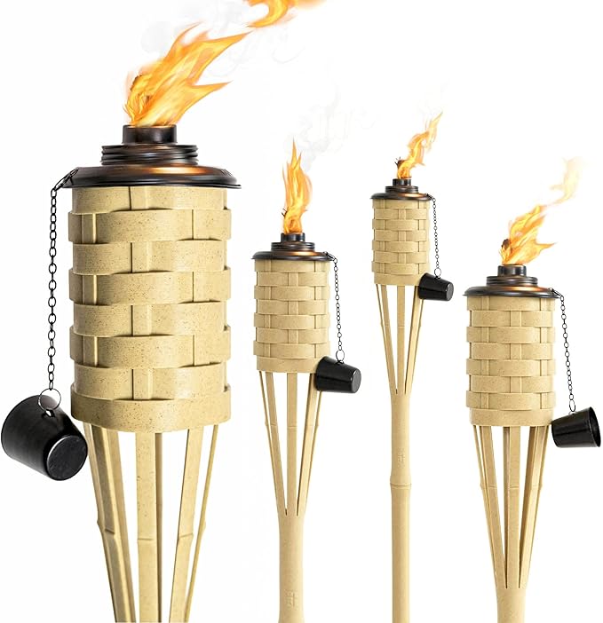ONETHATCH Faux Bamboo Outdoor Torches (Sundried Color, 4pack); Large Island Citronella Torch for Garden Lighting, Luau Party, and Tropical Decor; Easy Refill Wide-Mouth Canister, Stands 60” Tall