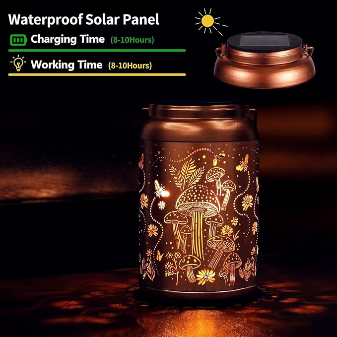 Outdoor Waterproof Solar Lights Mushroom Shaped Suitable for Mother's Day, Thanksgiving, and Christmas Gifts. Hang Metal LED Lanterns in Courtyards, Terraces, and Garden Decorations for