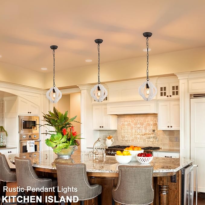 9.84" Modern Farmhouse Wood Pendant Lights Kitchen Island Orb Distressed White Oak Pendant Light Rustic Ceiling Hanging Light for Kitchen Sink Dining Room Hallway Entryway Foyer Adjustable Chain E26