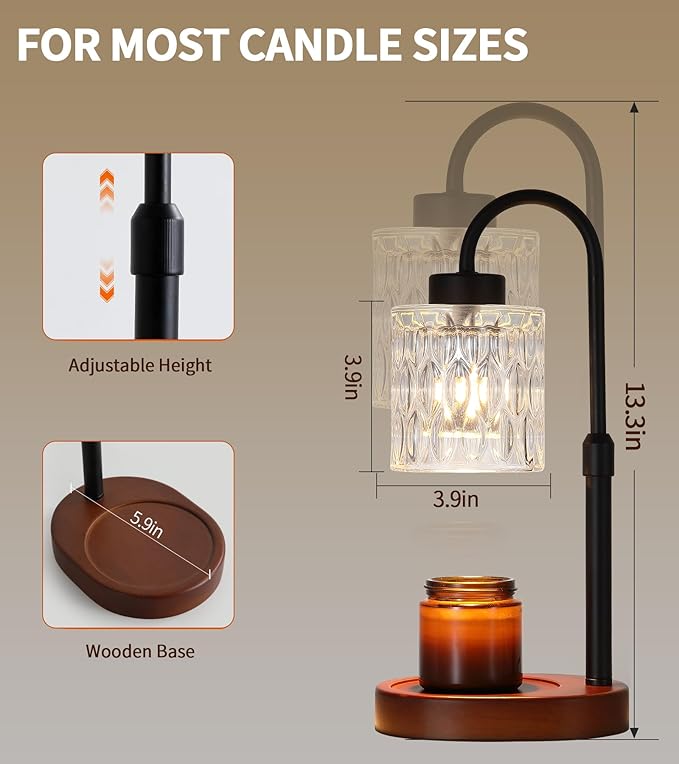 Black Candle Warmer Lamp with Dimmer and Timer,Home Decor Lamp for Scented Jar,Electric Wax Melt Warmer,Mother's Day/Birthday/Christmas Gifts for Mom/Wife,Adjustable Height,with 2 Bulbs