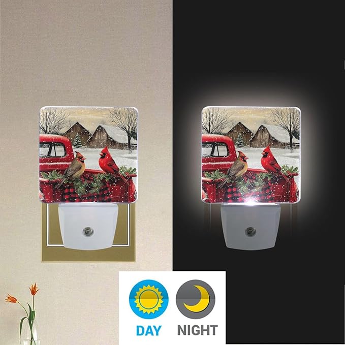 Christmas Red Truck Cardinal Night Light 2 Pack Dusk to Dawn Sensor Led Lamp for Women Men Night Lights Plug into Wall Decor for Bedroom Kitchen Bathroom Corridor, 0.5W