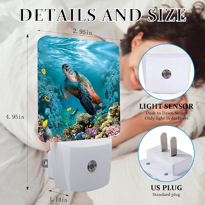 Sea Turtle Night Light, Plug-into Wall Underwater World Nightlight Lamp with Dusk to Dawn Sensor, Led Lamp 0.5W Energy Efficient for Boys Girls Adults Home Decor