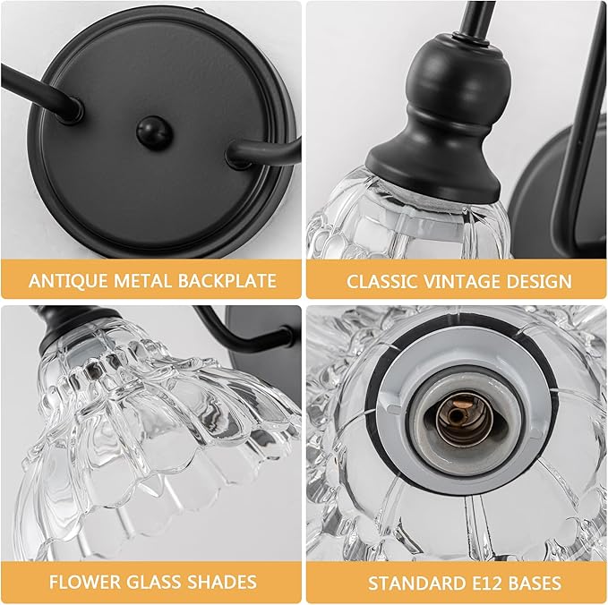 Vintage Bathroom Light Fixtures Over Mirror, 2-Light Black Wall Sconce Lighting with Flower Glass Shade, Farmhouse Vanity Lights for Bedroom Kitchen Living Room Hallway Light