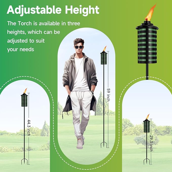6 Pack Home Garden Torch, 16 Oz Outdoor Green Metal Torch Garden Décor,59-Inch Upgraded Citronella Torches with 3-Prong Grounded Stake, Metal Light Torches for Party Patio Pathway