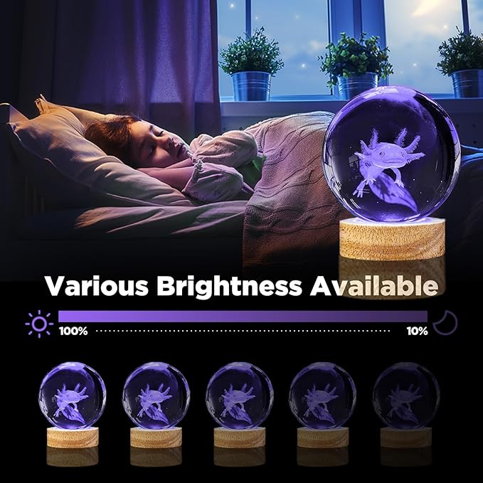 3D Axolotl Crystal Ball Night Light with LED Wooden Base Upgraded 3.15 Inch Glass Ball Lamps with 16 Color and Remote for Birthday Christmas, Cool Axolotl Toy Decor Gifts for Boys Girls Kids