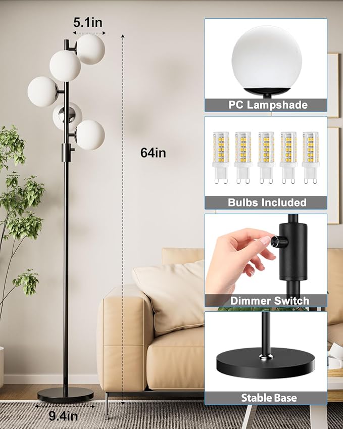 Lightdot 5-Globe Dimmable Globe Floor Lamp Black Standing Lamps with 5Pcs 3000K Bulbs Included Brightness Adjustable Retro Mid Century Modern Floor Lamp for Living Room/Sofa Beside/Corner Decor